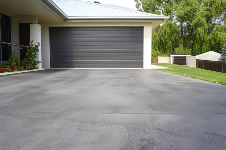 A concrete driveway, grey in color with a smooth finish