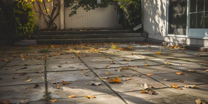 An image of dirty concrete patio with fallen leaves