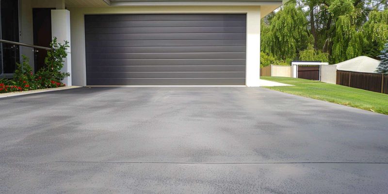 A concrete driveway, grey in color with a smooth finish